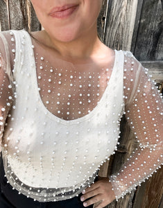 Bead and Pearl Embellished Long Sleeves Mesh Top