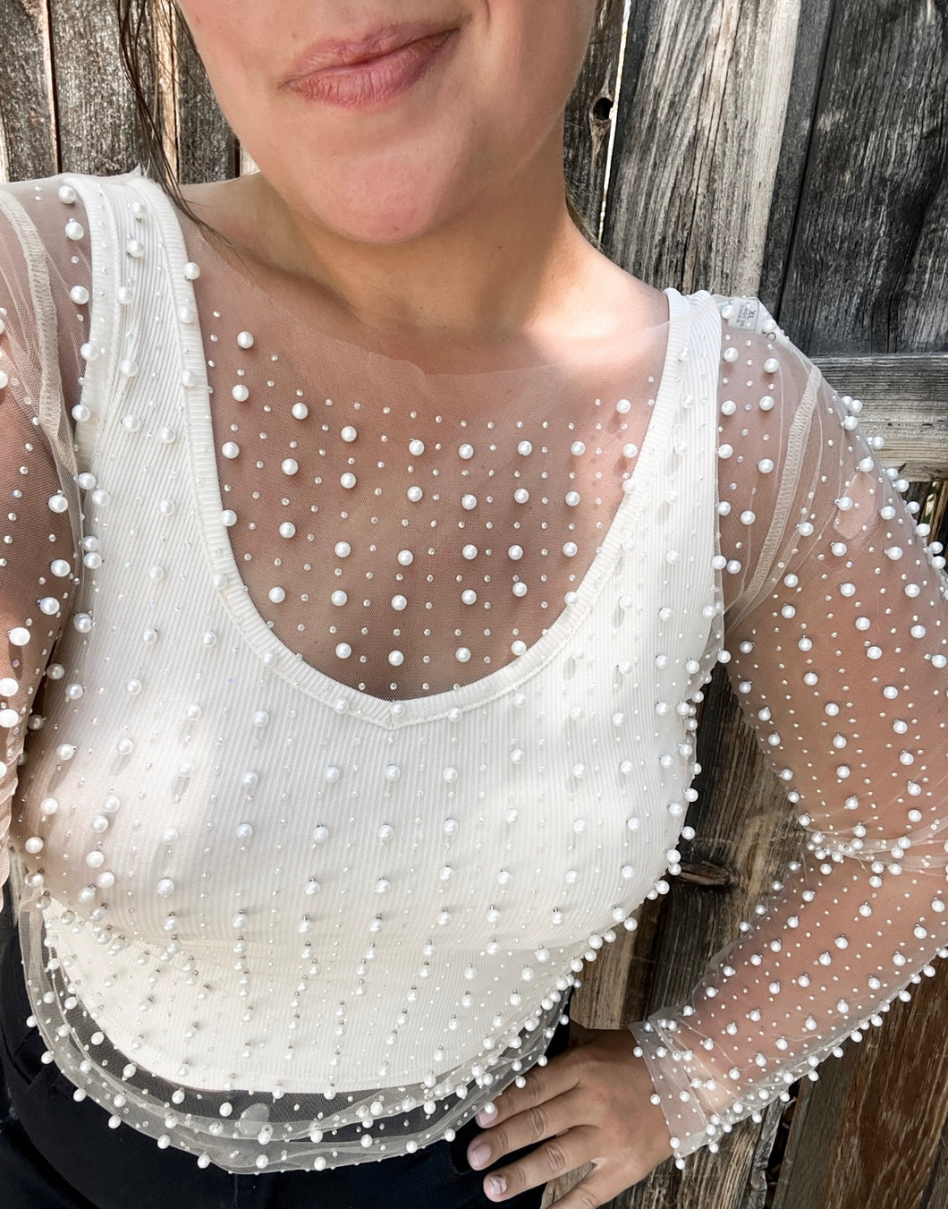 Bead and Pearl Embellished Long Sleeves Mesh Top