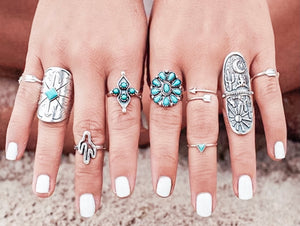 Silver turquoise boho rings